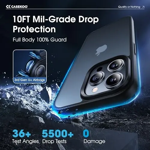 CASEKOO for iPhone 15 Pro Case, [Never Yellow Technology] [Mil-Grade Drop Protection] Translucent Slim Cover Women Men for iPhone 15 Pro Phone Case 6.1 inch, Frosted Black - 2