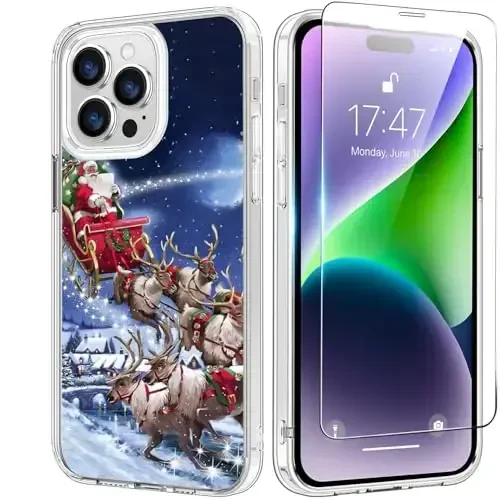 bicol Case for iPhone 15 Pro with Screen Protector, Enhanced Camera Protection - Wireless Charging - Slim Shockproof Protective Acrylic Clear Cover for Women Girls - Santa Sleigh 