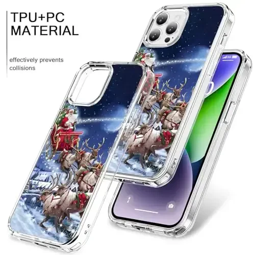 bicol Case for iPhone 15 Pro with Screen Protector, Enhanced Camera Protection - Wireless Charging - Slim Shockproof Protective Acrylic Clear Cover for Women Girls - Santa Sleigh - 3