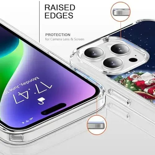 bicol Case for iPhone 15 Pro with Screen Protector, Enhanced Camera Protection - Wireless Charging - Slim Shockproof Protective Acrylic Clear Cover for Women Girls - Santa Sleigh - 2