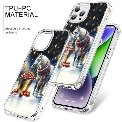 bicol Case for iPhone 15 Pro with Screen Protector, Enhanced Camera Protection - Wireless Charging - Slim Shockproof Protective Acrylic Clear Cover for Women Girls - Christmas Horse - 3