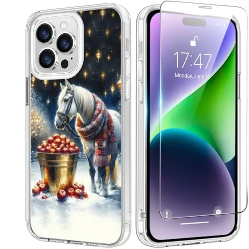 bicol Case for iPhone 15 Pro with Screen Protector, Enhanced Camera Protection - Wireless Charging - Slim Shockproof Protective Acrylic Clear Cover for Women Girls - Christmas Horse - 1