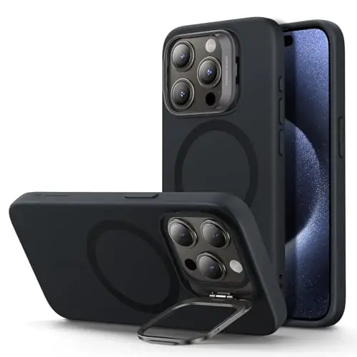 ESR for iPhone 15 Pro Case, MagSafe Silicone Case with Stand, Military-Grade Protection, Built-in Camera Stash Stand, Magnetic Phone Case for iPhone 15 Pro, Cloud Series,Black - ESR