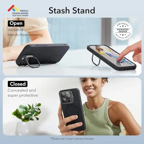 ESR for iPhone 15 Pro Case, MagSafe Silicone Case with Stand, Military-Grade Protection, Built-in Camera Stash Stand, Magnetic Phone Case for iPhone 15 Pro, Cloud Series,Black - 3