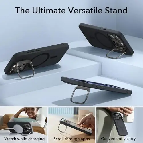 ESR for iPhone 15 Pro Case, MagSafe Silicone Case with Stand, Military-Grade Protection, Built-in Camera Stash Stand, Magnetic Phone Case for iPhone 15 Pro, Cloud Series,Black - 6