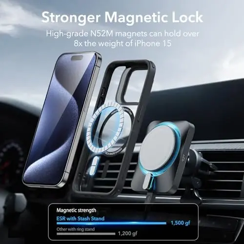 ESR for iPhone 15 Pro Case, Compatible with MagSafe, Military-Grade Protective Case, Built-in Stash Stand Phone Case, Scratch-Resistant Back Cover, Classic Series, Clear Black - 5