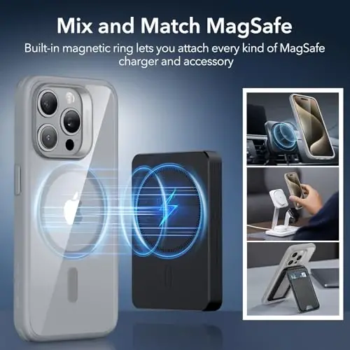 ESR for iPhone 15 Pro Case, Compatible with MagSafe, Military-Grade Protection, Yellowing Resistant, Scratch-Resistant Back, Magnetic Phone Case for iPhone 15 Pro, Classic Series, Clear Grey - 6