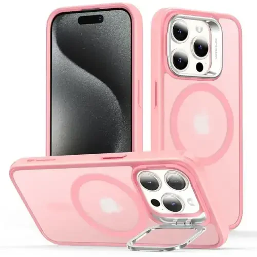 ESR for iPhone 15 Pro Case, Compatible with MagSafe, Military-Grade Protective Case, Built-in Stash Stand Phone Case, Scratch-Resistant Back Cover, Classic Series, Frosted Pink 