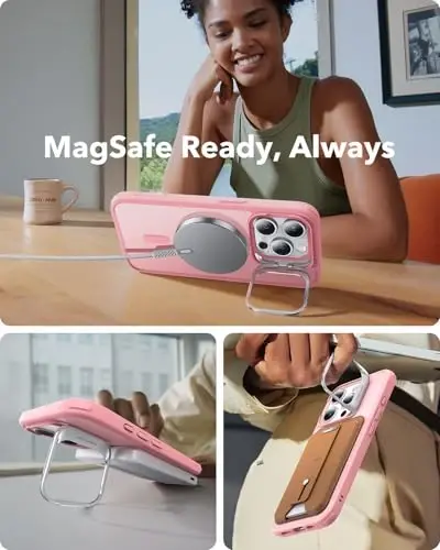 ESR for iPhone 15 Pro Case, Compatible with MagSafe, Military-Grade Protective Case, Built-in Stash Stand Phone Case, Scratch-Resistant Back Cover, Classic Series, Frosted Pink - 6