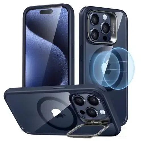 ESR for iPhone 15 Pro Case, Compatible with MagSafe, Military-Grade Protective Case, Built-in Stash Stand Phone Case, Scratch-Resistant Back Cover, Classic Series, Clear Dark Blue 
