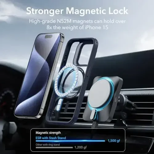 ESR for iPhone 15 Pro Case, Compatible with MagSafe, Military-Grade Protective Case, Built-in Stash Stand Phone Case, Scratch-Resistant Back Cover, Classic Series, Clear Dark Blue - 5