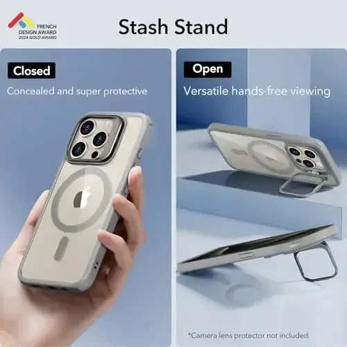 ESR for iPhone 15 Pro Case, Compatible with MagSafe, Military-Grade Protective Case, Built-in Stash Stand Phone Case, Scratch-Resistant Back Cover, Classic Series, Clear Grey - 3