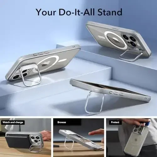 ESR for iPhone 15 Pro Case, Compatible with MagSafe, Military-Grade Protective Case, Built-in Stash Stand Phone Case, Scratch-Resistant Back Cover, Classic Series, Clear Grey - 6