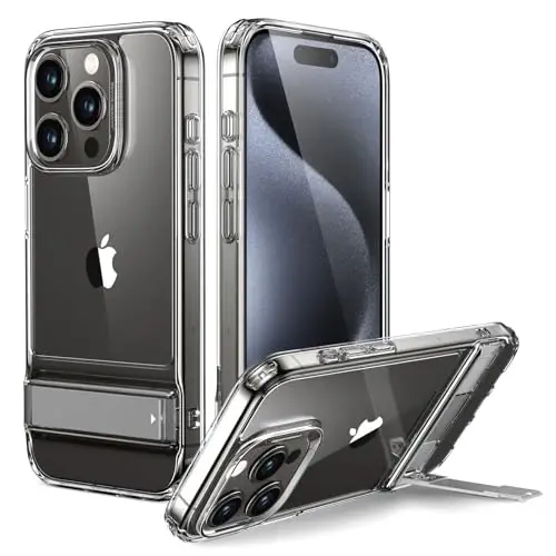 ESR for iPhone 15 Pro Case, Metal Kickstand Case, 3 Stand Modes, Military-Grade Drop Protection, Supports Wireless Charging, Slim Back Cover with Patented Kickstand, Boost Series, Clear - ESR