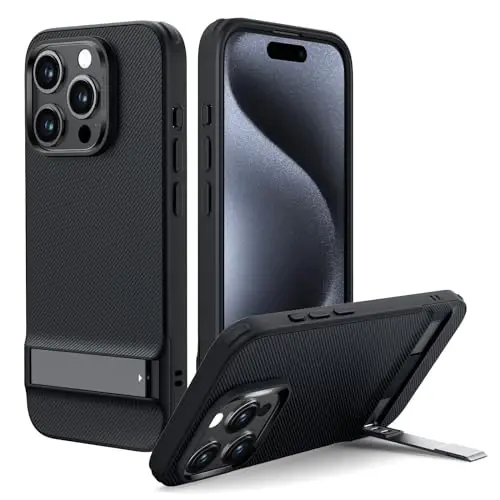 ESR for iPhone 15 Pro Case, Metal Kickstand Case, 3 Stand Modes, Military-Grade Drop Protection, Supports Wireless Charging, Slim Back Cover with Patented Kickstand, Boost Series, Black - ESR