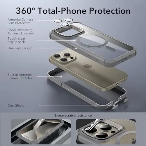 ESR for iPhone 15 Pro Case with Stand, Compatible with MagSafe, Full-Body Military-Grade Drop Proof Case with Built-in 9H+ Tempered Glass Screen Protector, Armor Series, Clear Grey - 3