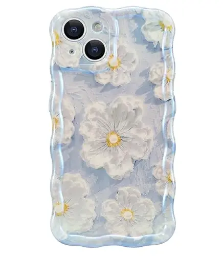 EYZUTAK Case for iPhone 15 Pro, Colorful Retro Oil Painting Flower Laser Glossy Pattern Cute Curly Wave Border Exquisite Phone Cover Stylish Durable TPU Protective Case for Girls Women - Light Blue - 4