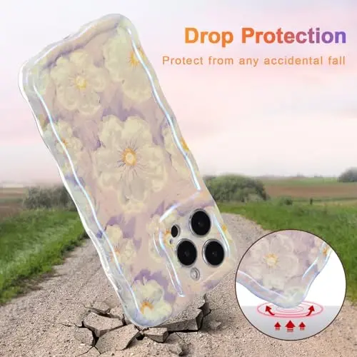 EYZUTAK Case for iPhone 15 Pro, Colorful Retro Oil Painting Flower Laser Glossy Pattern Cute Curly Wave Border Exquisite Phone Cover Stylish Durable TPU Protective Case for Girl Women - Light Purple - 3