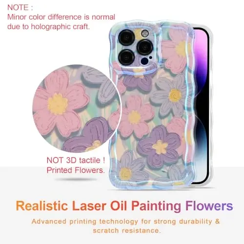 EYZUTAK Case for iPhone 15 Pro, Colorful Retro Oil Painting Flower Laser Glossy Design Cute Curly Wave Edge Exquisite Phone Cover Stylish Durable TPU Protective Case for Girls Women - Pink Purple - 2