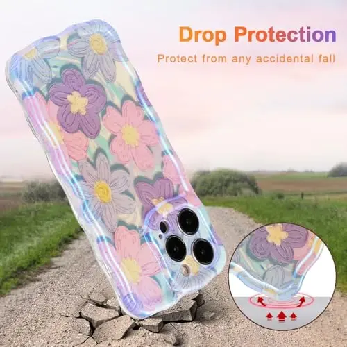 EYZUTAK Case for iPhone 15 Pro, Colorful Retro Oil Painting Flower Laser Glossy Design Cute Curly Wave Edge Exquisite Phone Cover Stylish Durable TPU Protective Case for Girls Women - Pink Purple - 3