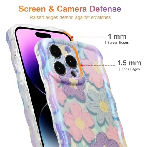 EYZUTAK Case for iPhone 15 Pro, Colorful Retro Oil Painting Flower Laser Glossy Design Cute Curly Wave Edge Exquisite Phone Cover Stylish Durable TPU Protective Case for Girls Women - Pink Purple - 4
