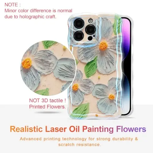 EYZUTAK Case for iPhone 15 Pro, Colorful Retro Oil Painting Flower Leaf Laser Glossy Pattern Cute Curly Wave Edge Exquisite Phone Cover Stylish Durable TPU Protective Case for Girls Women - Blue Green - 2