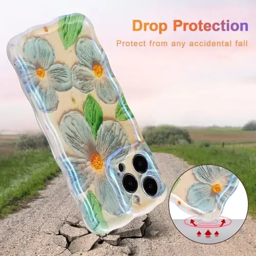 EYZUTAK Case for iPhone 15 Pro, Colorful Retro Oil Painting Flower Leaf Laser Glossy Pattern Cute Curly Wave Edge Exquisite Phone Cover Stylish Durable TPU Protective Case for Girls Women - Blue Green - 3