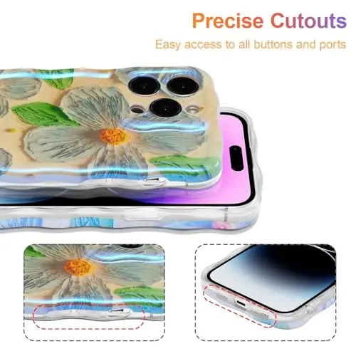 EYZUTAK Case for iPhone 15 Pro, Colorful Retro Oil Painting Flower Leaf Laser Glossy Pattern Cute Curly Wave Edge Exquisite Phone Cover Stylish Durable TPU Protective Case for Girls Women - Blue Green - 5