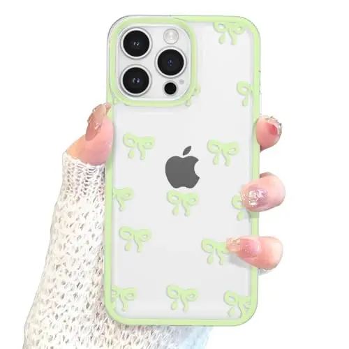 EYZUTAK Case for iPhone 15 Pro, Clear Cute Ribbon Bowknot Pattern Aesthetic Transparent Phone Case Raised Camera Protection Stylish Slim Soft Durable TPU Protective Cover for Women Girls - Green - 9