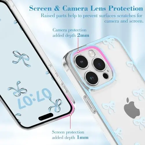 EYZUTAK Case for iPhone 15 Pro, Clear Cute Ribbon Bowknot Pattern Aesthetic Transparent Phone Case Raised Camera Protection Stylish Slim Soft Durable TPU Protective Cover for Women Girls - Blue - EYZUTAK (1)