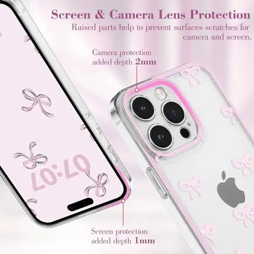 EYZUTAK Case for iPhone 15 Pro, Clear Cute Ribbon Bowknot Pattern Aesthetic Transparent Phone Case Raised Camera Protection Stylish Slim Soft Durable TPU Protective Cover for Women Girls - Pink - 2
