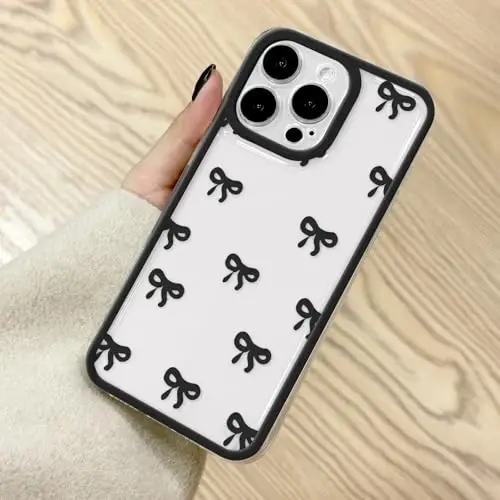 EYZUTAK Case for iPhone 15 Pro, Clear Cute Ribbon Bowknot Pattern Aesthetic Transparent Phone Case Raised Camera Protection Stylish Slim Soft Durable TPU Protective Cover for Women Girls - Black - 1