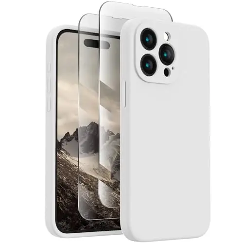 FireNova Designed for iPhone 15 Pro Case, Silicone Upgraded [Camera Protection] Phone Case with [2 Screen Protectors], Soft Anti-Scratch Microfiber Lining Inside, 6.1 inch, White 