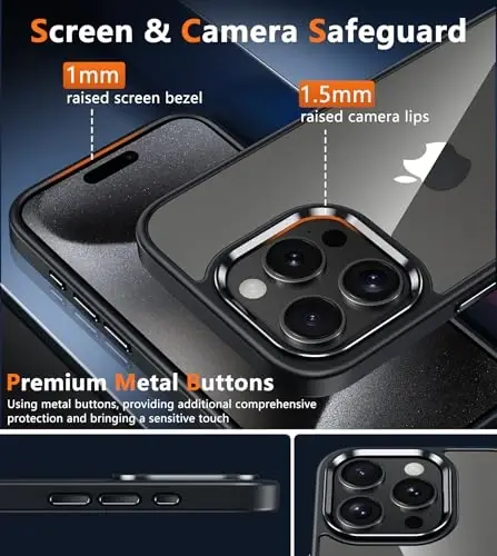 iPhone 15 Pro için FNTCASE Kılıf: Magsafe ile Uyumlu Şeffaf Telefon Kılıfları, İnce, Sararmaya Karşı Dayanıklı, Askeri Sınıf Düşme Korumalı, Sağlam Koruyucu Şeffaf Cep Telefonu Kılıfı (D-Siyah Şeffaf) - 5