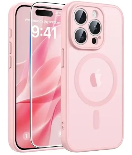 FNTCASE for iPhone 15 Pro Case: Strong Magnetic Phone Case with Screen Protector | Translucent Matte Slim Shockproof Protective Drop Protection Phone Cover(Light Pink) 