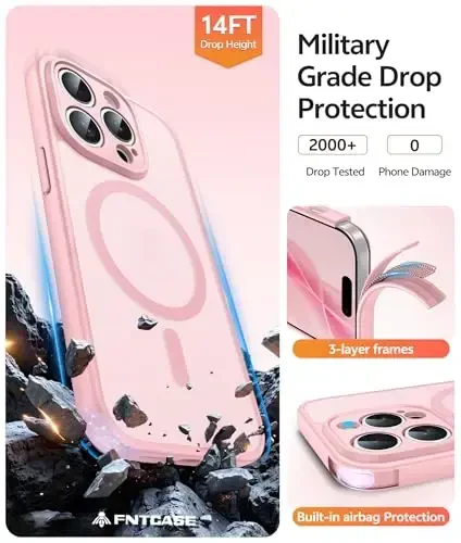 FNTCASE for iPhone 15 Pro Case: [Compatible with Magsafe] Translucent Matte Cases with [Full Camera Protection] [Screen Protector] Military Grade Shockproof Protective Phone Cover - Light Pink - 5