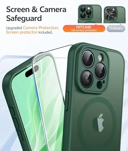 FNTCASE for iPhone 15 Pro Case: [Compatible with Magsafe] Translucent Matte Cases with [Full Camera Protection] [Screen Protector] Military Grade Shockproof Protective Phone Cover - Green - 4