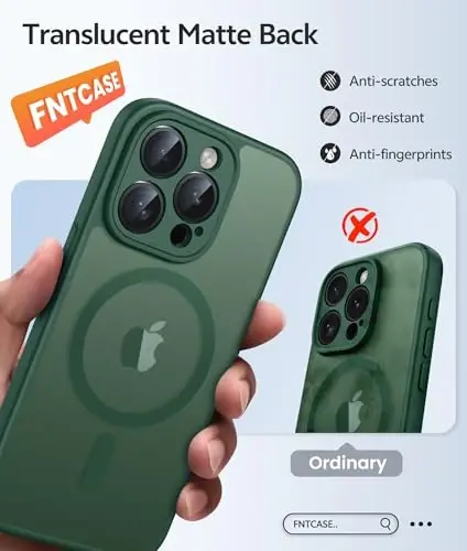 FNTCASE for iPhone 15 Pro Case: [Compatible with Magsafe] Translucent Matte Cases with [Full Camera Protection] [Screen Protector] Military Grade Shockproof Protective Phone Cover - Green - 6