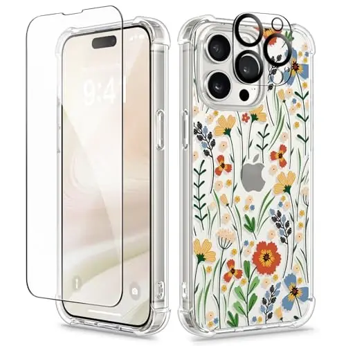 iPhone 15 Pro için GVIEWIN Çiçekli Kılıf, Ekran Koruyucu ve Kamera Lens Koruyuculu, [Sararma Yapmaz] İnce Darbeye Dayanıklı Şeffaf Kadın Telefon Kılıfı, Çiçek Desenli 6.1