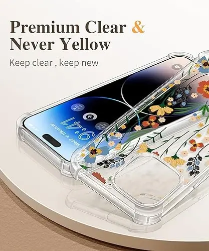 iPhone 15 Pro için GVIEWIN Çiçekli Kılıf, Ekran Koruyucu ve Kamera Lens Koruyuculu, [Sararma Yapmaz] İnce Darbeye Dayanıklı Şeffaf Kadın Telefon Kılıfı, Çiçek Desenli 6.1