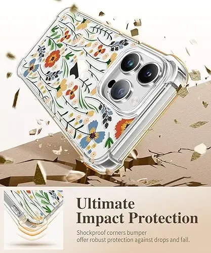 iPhone 15 Pro için GVIEWIN Çiçekli Kılıf, Ekran Koruyucu ve Kamera Lens Koruyuculu, [Sararma Yapmaz] İnce Darbeye Dayanıklı Şeffaf Kadın Telefon Kılıfı, Çiçek Desenli 6.1