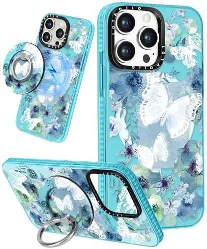 Lotadilo for iPhone 15 Pro Case for Women - Girls Kawaii Design Compatible with Magsafe Magnetic Ring Holder Stand Butterfly Phone Covers Aesthetic Girly TPU Funda for 15 Pro - 1