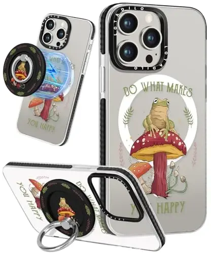 Lotadilo for iPhone 15 Pro Case for Women - Girls Kawaii Design Compatible with Magsafe Magnetic Ring Holder Stand Mushroom Frog Phone Covers Aesthetic Girly TPU Funda for 15 Pro - LOTADILO