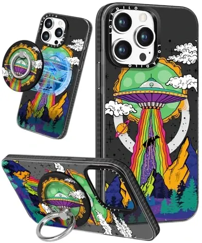 Lotadilo for iPhone 15 Pro Case for Women - Girls Kawaii Design Compatible with Magsafe Magnetic Ring Holder Stand UFO Alien Phone Covers Aesthetic Girly TPU Funda for 15 Pro 
