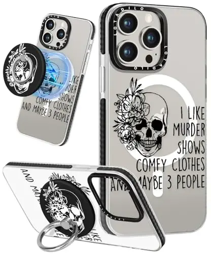 Lotadilo for iPhone 15 Pro Case for Women - Girls Kawaii Design Compatible with Magsafe Magnetic Ring Holder Stand Skull Skeleton Phone Covers Aesthetic Girly TPU Funda for 15 Pro - 1