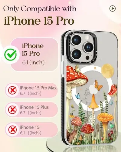iPhone 15 Pro için Lotadilo Kadın Kılıfı - Magsafe Manyetik Halka Tutucu Stand ile Uyumlu Kız Kawaii Tasarımı Mantarlar Kelebekler Telefon Kapakları Estetik Kız TPU Funda 15 Pro için - 2