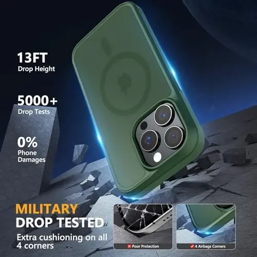 MOCCA Strong Magnetic for iPhone 15 Pro Case, [Compatible with Magsafe][13FT Military Drop Protection] Slim Translucent Matte Shockproof Case for iPhone 15 Pro Phone Case 6.1'', Midnight Green - 4