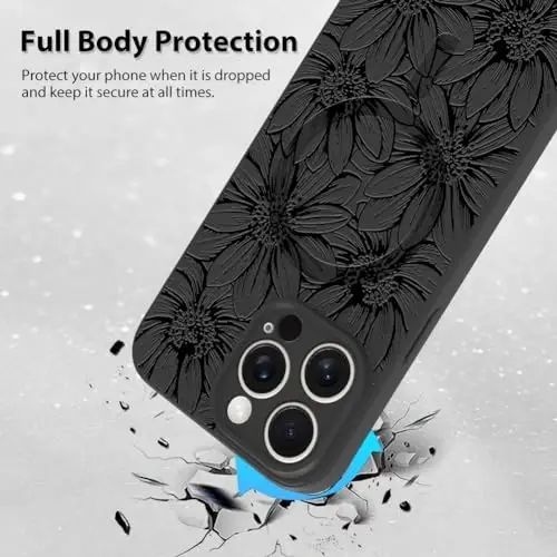 MZELQ for iPhone 15 Pro Case, Silicone Black Floral Flowers Cute Pattern, Magnetic Compatible with MagSafe Sunflowers Camera Protection Phone Case - 3