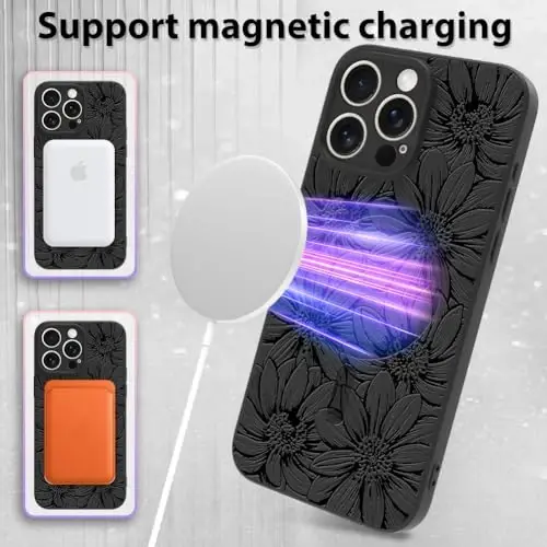 iPhone 15 Pro için MZELQ Kılıfı, Silikon Siyah Çiçekli Sevimli Desen, MagSafe ile Uyumlu Manyetik Ayçiçekleri Kamera Korumalı Telefon Kılıfı - MZELQ (1)