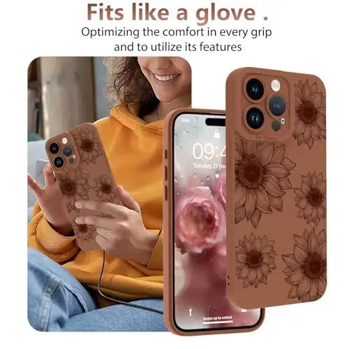 iPhone 15 Pro için OOK Çiçekli Kılıf, Sevimli Kahverengi Ayçiçeği Desenli | Yumuşak TPU Darbeye Dayanıklı Koruyucu, Kadınlar ve Kızlar için İnce Çiçekli Telefon Kılıfı 